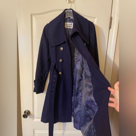 Guess Wool Blend Blue Coat Double Breasted Belted Size M Ornate Buttons Retro - Picture 2 of 12
